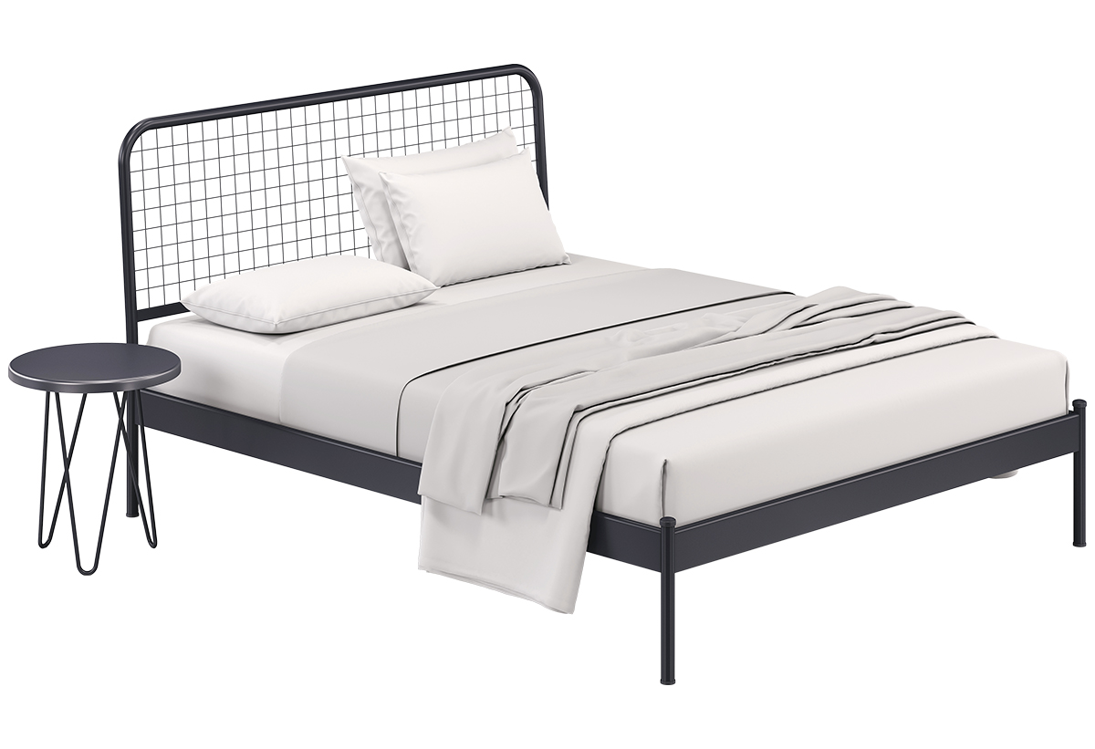 Το κομοδίνο δίπλα από ένα κρεβάτι.